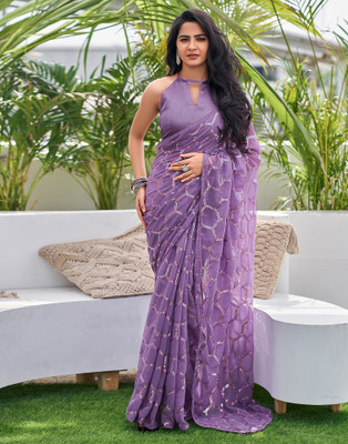 Samah Dyed, Embellished, Embroidered Bollywood Georgette Saree(Purple)