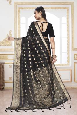 KOTHARI LGF Polka Print Bandhani Organza Saree(Black)