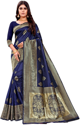 Houri Fab Woven, Embellished Kanjivaram Art Silk, Jacquard Saree(Dark Blue)