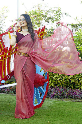 Zenophily Solid/Plain Bollywood Organza Saree(Pink)