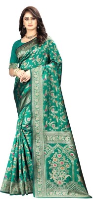 fFASHION Woven, Embellished, Solid/Plain, Printed, Self Design, Floral Print, Digital Print, Dyed Banarasi Art Silk, Cotton Silk Saree(Light Green)