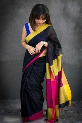 Agamani Solid/Plain Handloom Pure Cotton Saree(Black)
