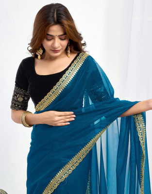 Samah Solid/Plain Bollywood Jimmy choo, Net Saree(Blue)