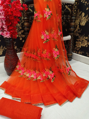 PATLANI STYLE Embroidered Bollywood Net Saree(Orange)