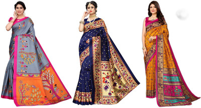 YASHIKA Printed Bhagalpuri Art Silk Saree(Pack of 3, Grey, Dark Blue, Yellow)