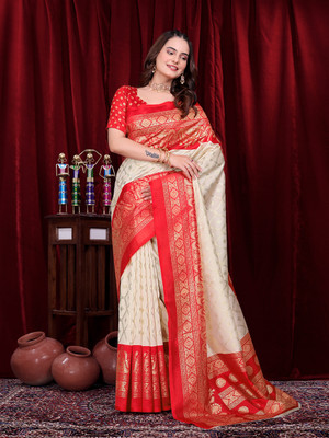 Kanooda Prints Printed Mysore Art Silk Saree(White, Red)