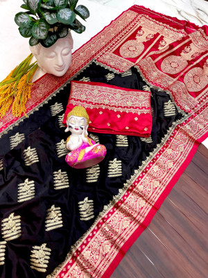 Shampas World Woven Bandhani Satin Saree(Black, Red)