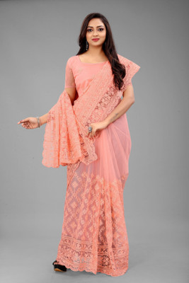Noise Embroidered Bollywood Net Saree(Orange)