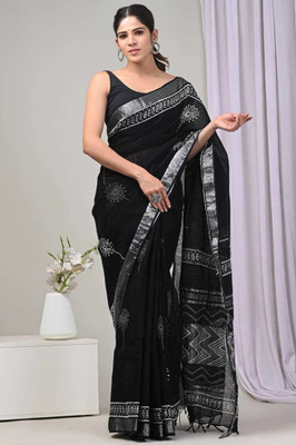 Pallo Latke Printed Daily Wear Cotton Linen Saree(Black)