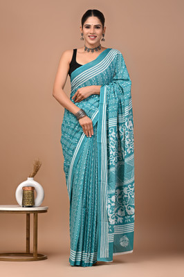 Tetarwal Printed Daily Wear Pure Cotton Saree(Light Blue, White)