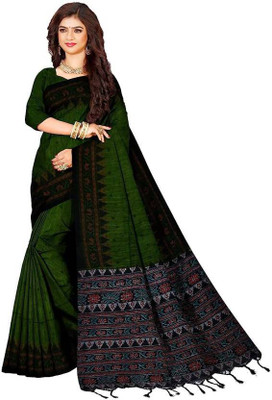 Joyguru Textile Printed Handloom Cotton Blend Saree(Dark Green)