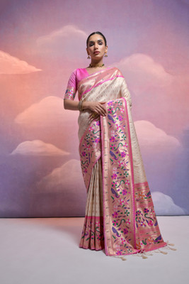 PeachPetals Woven, Self Design, Floral Print Paithani Cotton Blend Saree(Cream)