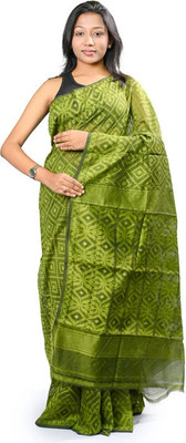 OXYMASU Self Design Jamdani Cotton Blend Saree(Dark Green)