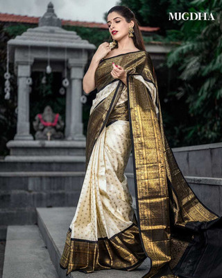 WOMENELEGENCE Embellished Banarasi Pure Silk Saree(Cream)