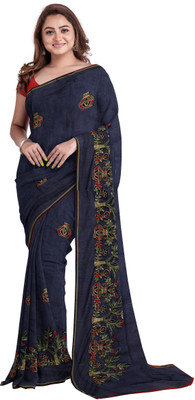 DHRUV CREATION Embroidered Bollywood Chanderi Saree(Dark Blue)