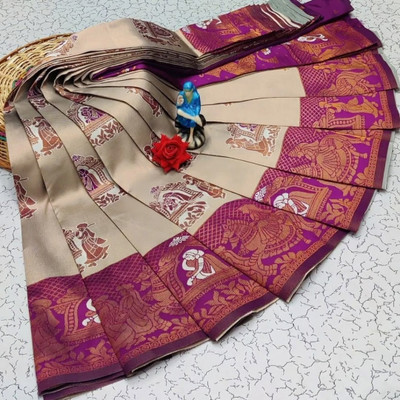 STITCH N SOLUS Woven Banarasi Silk Blend, Pure Silk Saree(Beige, Purple)