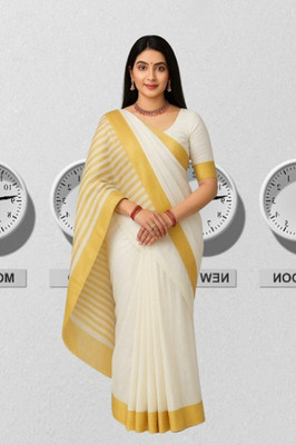SHRISAREEESa Striped Bollywood Pure Cotton Saree(White)