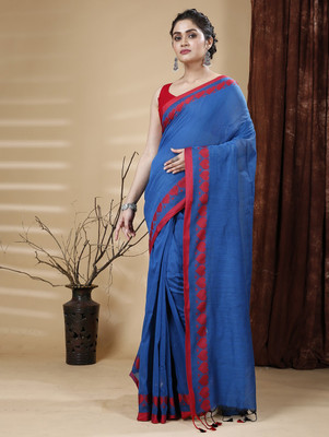 ADbutiq Solid/Plain Bollywood Handloom Pure Cotton Saree(Blue, Red)