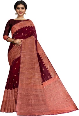 FEBMADNESS Woven Banarasi Cotton Blend, Pure Silk Saree(Maroon)