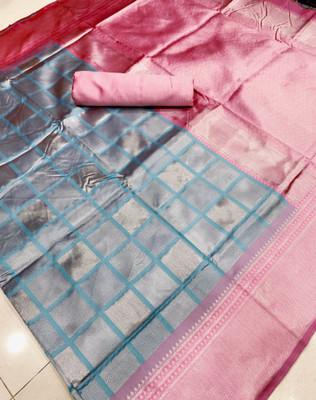 SIRIL Woven, Embellished, Self Design Banarasi Cotton Silk, Jacquard Saree(Blue, Pink)