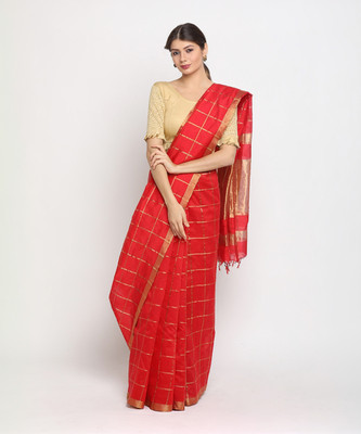 Manvish Drapes Checkered Kanjivaram Cotton Silk Saree(Red)