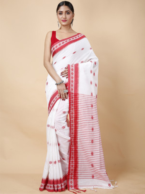 DipDiya Woven Handloom Pure Cotton Saree(White, Red)