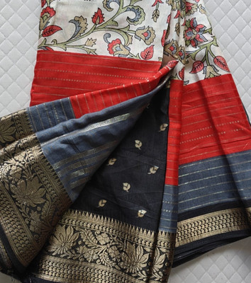 Leharifashions Applique, Floral Print Daily Wear Silk Blend Saree(Black, Red, White, Beige)