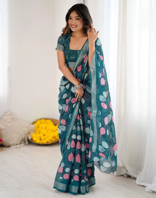 Samah Printed, Woven Daily Wear Linen Saree(Blue, Multicolor)