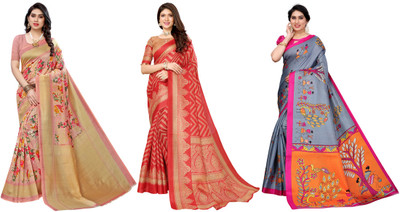 YASHIKA Printed Kanjivaram Art Silk Saree(Pack of 3, Pink, Red, Grey)