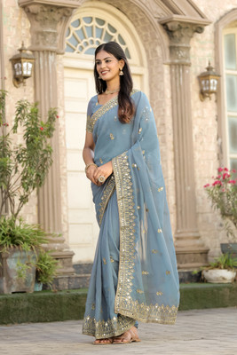 NETRA BOUTIQUE Printed Banarasi Georgette Saree(Grey)