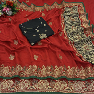 KHRITI FAB Embroidered Bollywood Pure Silk Saree(Red)
