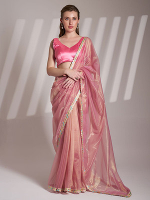 Kalista Embellished, Solid/Plain, Dyed Bollywood Organza Saree(Pink)