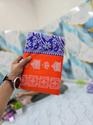 Tilfelle Woven, Temple Border Sambalpuri Silk Blend Saree(Orange, Blue)