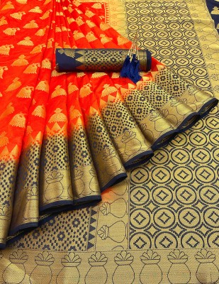 SSP TEX Woven Kanjivaram Silk Blend, Pure Silk Saree(Dark Blue, Orange)