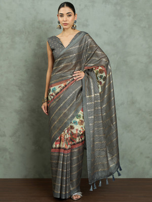 Divastri Printed Hand Batik Cotton Blend Saree(Grey)
