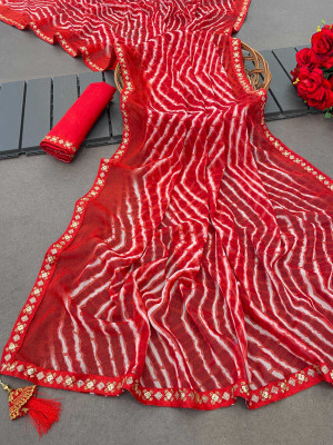 ZENFAB THREADS Self Design, Embroidered Bollywood Georgette, Lace Saree(Red)
