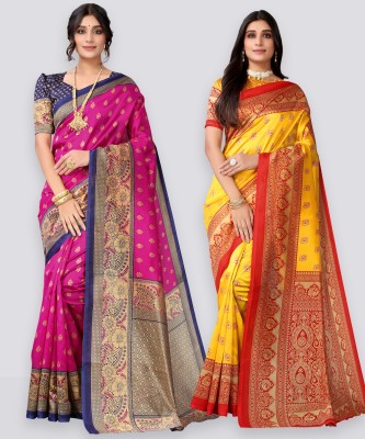 Samah Geometric Print, Printed Daily Wear Silk Blend Saree(Pack of 2, Pink, Beige, Yellow)