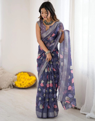 Samah Printed, Woven Daily Wear Linen Saree(Purple, Multicolor)