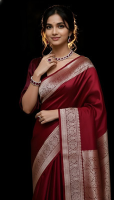 Sijileen Solid/Plain, Woven Banarasi Satin Saree(Maroon)