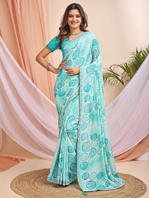 VIBHAGYAA Printed, Embellished, Embroidered Daily Wear Chiffon Saree(Light Blue)