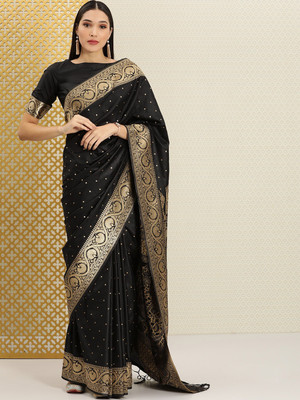 House of Pataudi Woven Daily Wear Silk Blend Saree(Black)