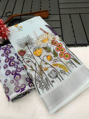 AARAANA Woven, Self Design, Geometric Print Kanjivaram Linen Saree(Light Blue)