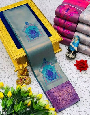 MUKHITA Woven Kanjivaram Silk Blend Saree(Light Green)