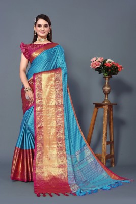 VATRIKA Woven, Temple Border Kanjivaram Pure Silk, Cotton Silk Saree(Blue, Pink)