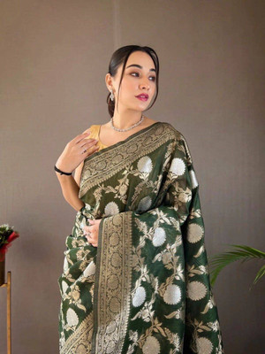 Neel Fashion Self Design Banarasi Silk Blend Saree(Dark Green)