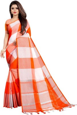 KALKEE FASHION Striped Bollywood Cotton Blend Saree(White, Orange)