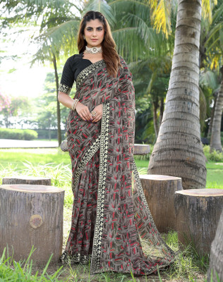 YASHIKA Printed Daily Wear Georgette, Lace Saree(Black)
