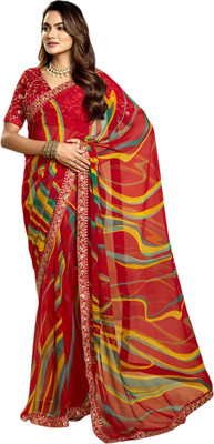 Pranjal Printed Bandhani Silk Blend Saree(Red)