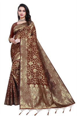 Pikham Embellished Kanjivaram Silk Blend Saree(Brown)