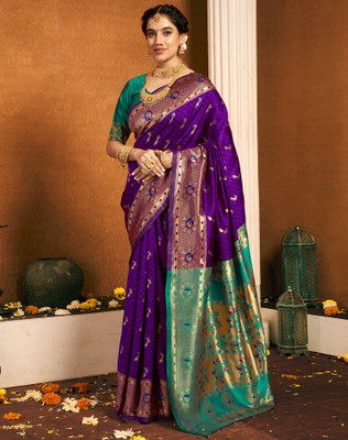 Divastri Woven, Embellished Paithani Silk Blend, Jacquard Saree(Green, Purple)